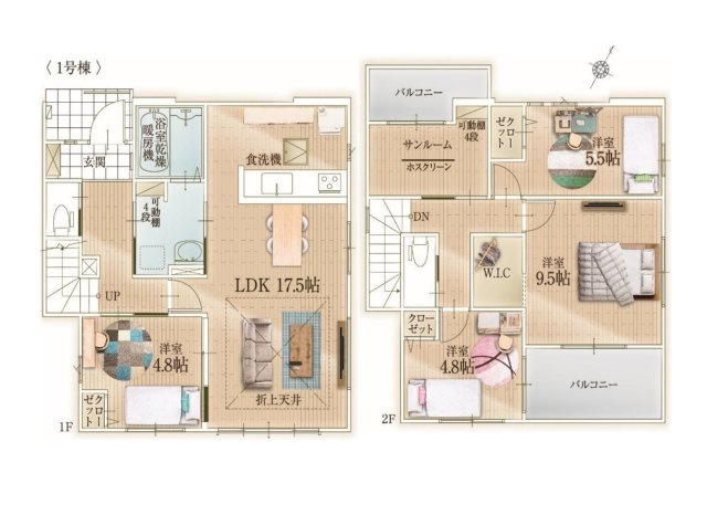 福岡市東区三苫2丁目第4-2棟（1号棟）　の間取り|全居室収納付きで便利です。