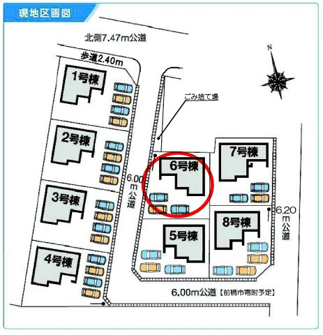 第５富士見町時沢　新築戸建　６号棟の区画図|駐車場３台ご用意しています！前面道路も６Ⅿあり出し入れもしやすいです。
来客時も重宝します♪
