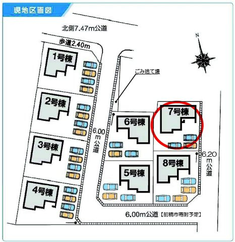 第５富士見町時沢　新築戸建　７号棟の区画図|駐車場3台ご用意しています！並列駐車＆前面道路も６Ⅿあり出し入れもしやすいです。
来客時も重宝します♪