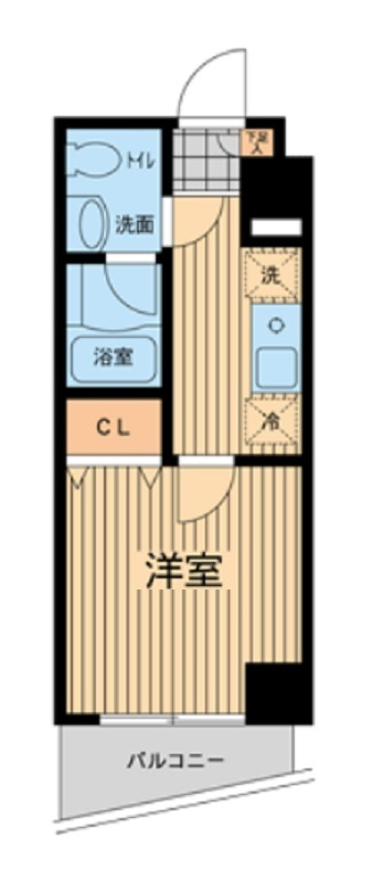 ライブコート大鳥居の間取り|東向きバルコニーの1K洋室5.8帖バストイレ別独立洗面台！
