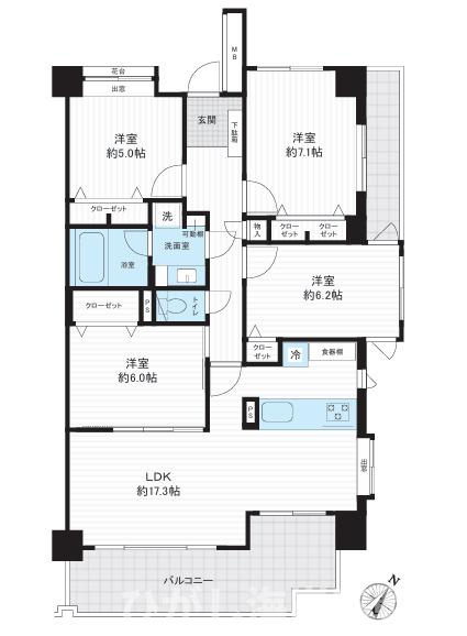 平塚袖ヶ浜ヒルズの間取り|南向き　４LDK
