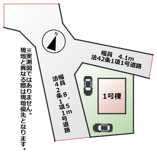 CRADLEGARDEN高根沢町宝積寺第19の区画図|敷地面積：121.51㎡　接道：北側4.1ｍ(公道)、西側8.5ｍ(公道)の角地