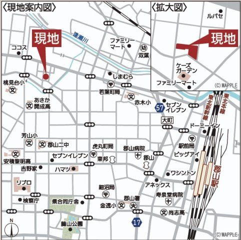 【建築条件なし売地】郡山市西ノ内第1 1期　桃見台小・第五中の地図|現地案内図