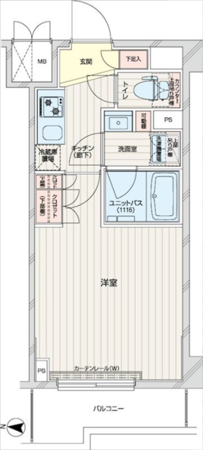 ルーブル本羽田の間取り|西向きバルコニー洋室7.5帖の1Kバストイレ別独立洗面台！