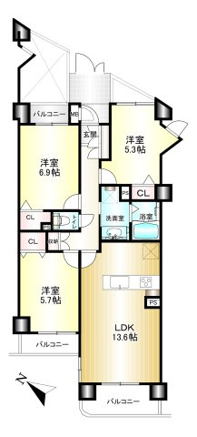 サントゥール八木２階の間取り|3LDK　専有面積：71.56㎡