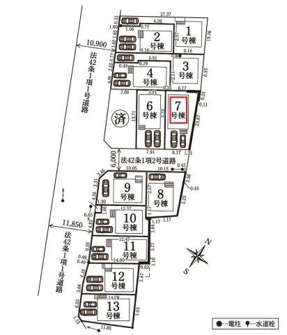清瀬市中里6丁目・全13棟　新築一戸建　7号棟の区画図|【全13棟・7号棟】
並列駐車2台可(車種制限あり)、南東道路に面し日当たり良好です。