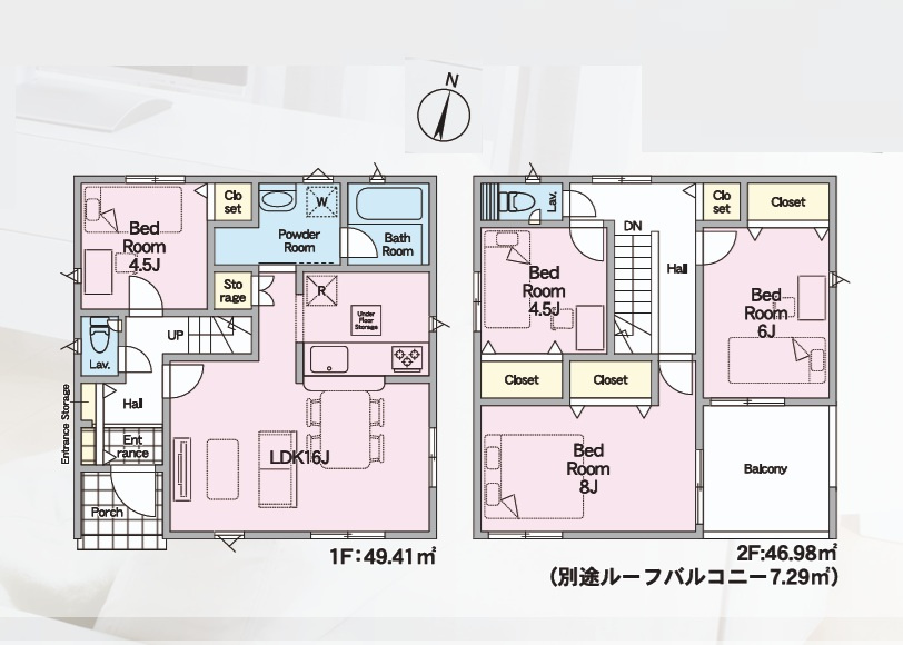 Cradlegarden　 茨城町前田　第6　4の間取り|　
☆1階4.5帖洋室はLDKと離れております。客間にもテレワークにも、趣味の部屋にも◎全室に収納スペース付きです。