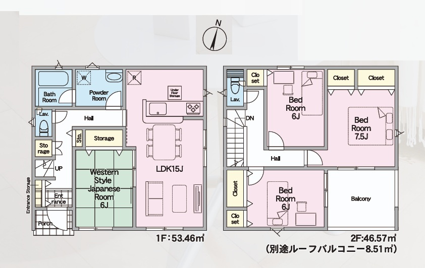 Cradlegarden　 茨城町前田　第6　5の間取り|　
☆全室ゆったり6帖以上。全居室に大容量の収納スペース付き。リビングに隣接する和室は、小さなお子様の遊び場やお昼寝にも◎家族で寛げます。