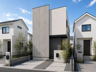 【外観パース】 | 宇治市五ケ庄芝ノ東3号地　新築戸建 | モノトーンのスタイリッシュさに和モダンの落ち着きを融合させ、上質で趣のある佇まいに仕上げました。
