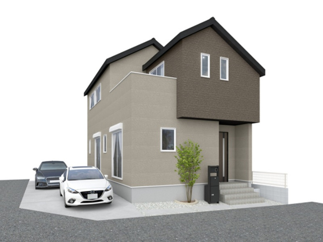 【外観パース】 | 練馬区土支田3丁目新築一戸建住宅　全1棟（成増店） | 南面にルーフバルコニーを備え、あたたかな陽光が差し込みます。
カースペース2台分を確保し、セカンドカーの購入や来客時も安心です。