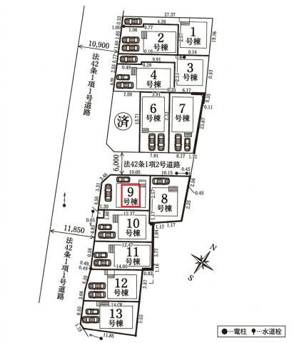 清瀬市中里6丁目・全13棟　新築一戸建　9号棟の区画図|【全13棟・9号棟】
駐車2台可(車種制限あり)、日当たり・通風良好な北西角地です。