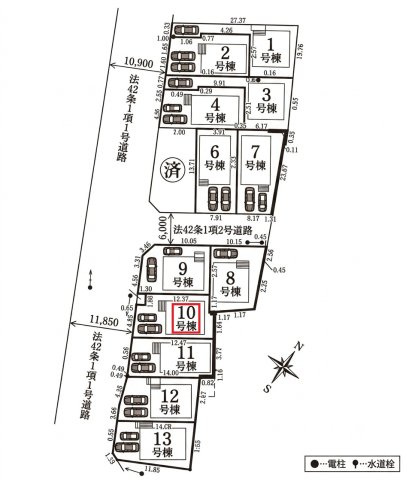 清瀬市中里6丁目・全13棟　新築一戸建　10号棟の区画図|【全13棟・10号棟】
並列駐車2台可(車種制限あり)、南西道路に面し日当たり良好です。
