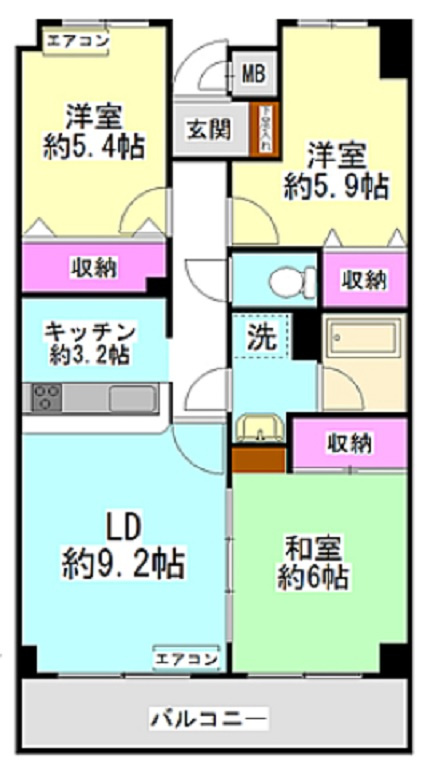 パルテ西山の間取り|間取り　南向きリビングの3LDKカウンターキッチン！各部屋に収納あります。