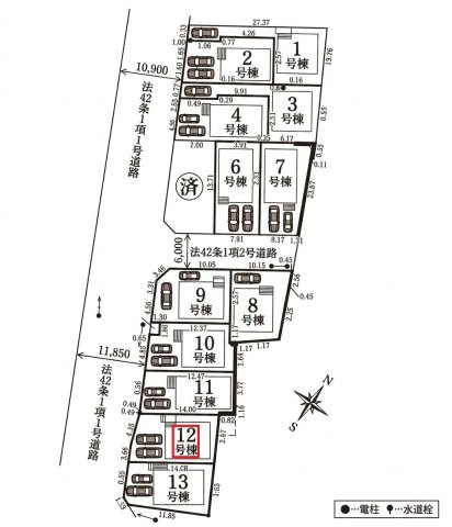 清瀬市中里6丁目・全13棟　新築一戸建　12号棟の区画図|【全13棟・12号棟】
並列駐車2台可、南西道路に面し日当たり良好です。