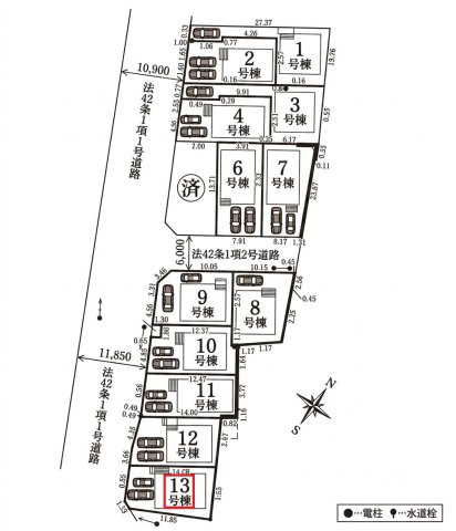 清瀬市中里6丁目・全13棟　新築一戸建　13号棟の区画図|【全13棟・13号棟】
並列駐車2台可(車種制限あり)、南西道路に面し日当たり良好です。