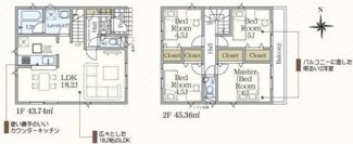 【間取り】 | 平塚市四之宮5丁目  1号棟 第28 | 4LDK　防犯カメラ（利用時WiFi接続必要）　引き違い窓シャッター付　ピッキング対策付玄関ドア　人感センサー付玄関灯　二部屋から行き来できるバルコニー　浴室乾燥機+窓　全居室収納　LDK18.2帖