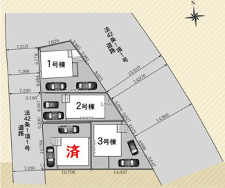 【区画図】 | 平塚市四之宮5丁目  1号棟 第28 | 1号棟　三方道路　東側・北側約14.9～約15.0ｍ（歩道含む）公道・西側約7.2ｍ公道　駐車2台（車種によります）　敷地面積38.9坪