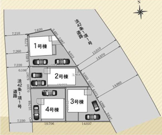 【区画図】 | 平塚市四之宮5丁目  2号棟 第28 | 2号棟　二方道路　西側約7.2ｍ公道・東側約14.9～約15.0ｍ（歩道含む）公道　駐車並列2台（車種によります）　敷地面積34.4坪