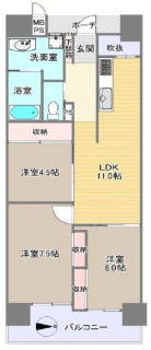 シャトーサンパークスクエアの間取り|中古マンション　3LDK　専有面積：62.65㎡（壁芯）　バルコニー面積：8.09㎡　東向き
