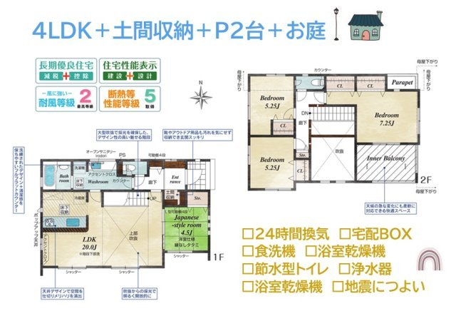 【間取り】 | ご家族のライフスタイルに合わせて対応できるゆとりの４LDK◎
リビング階段や水廻りが集約し、コミュニケーションも取りやすい人気の間取りとなっています。