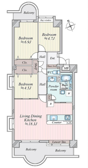 RICウエストコート5番街4番館の間取り|3LDK、価格2780万円、専有面積78.31m2、バルコニー面積16.35m2 キッチン～洗面室への回遊動線がとっても便利 　2026年7月フルリフォーム完成予定
