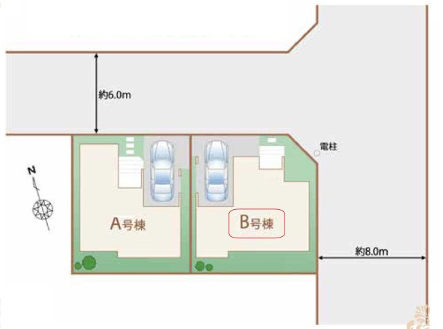 所沢市弥生町・全2棟　新築一戸建　B号棟の区画図|【全2棟・B号棟】角地、ビルトインカースペース1台分。
