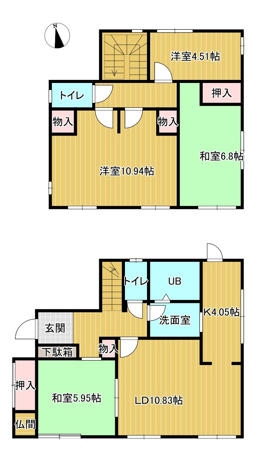 ひたちなか市田彦　中古戸建の間取り|【間取り図】4LDKの使いやすい間取り、二階の部屋は壁つくれば5LDKにもできます。
