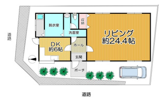 【間取り】 | 能勢町下田尻平屋住宅 | スローライフが楽しめる平屋住宅です♪ゆったりとした約24.4帖のリビングが魅力です！軽自動車駐車スペース有り♪