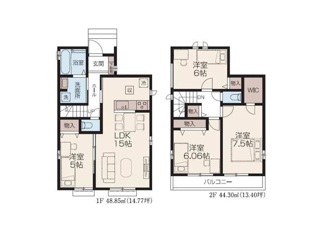 【間取り】 | 富士見市水谷東1丁目　新築一戸建住宅　全4棟　(丸井志木店) | ファミリーに嬉しい4LDKのゆとりある住空間。
住宅性能表示制度において6項目でMAX等級取得。