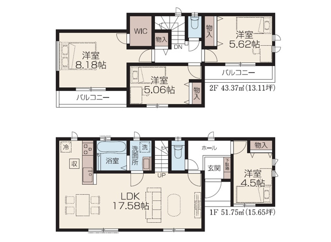 【間取り】 | 富士見市水谷東1丁目　新築一戸建住宅　全4棟　(丸井志木店) | 主寝室はゆとりの8.1帖！
住宅性能表示制度において6項目でMAX等級取得。