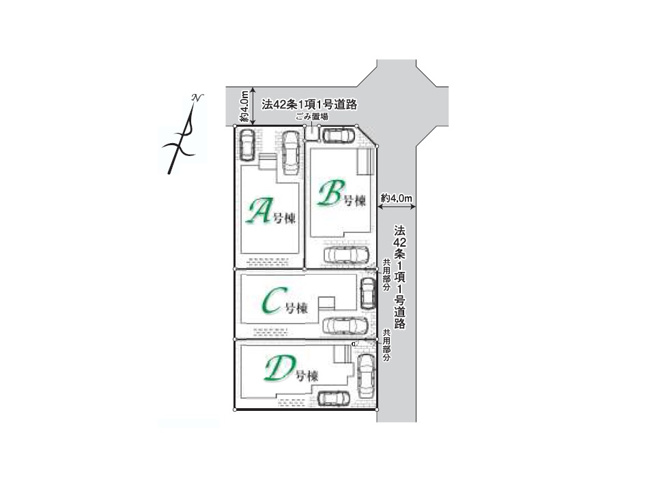 【区画図】 | 富士見市水谷東1丁目　新築一戸建住宅　全4棟　(丸井志木店) | 全棟カースペース2台のゆとりある敷地です。(車種による)