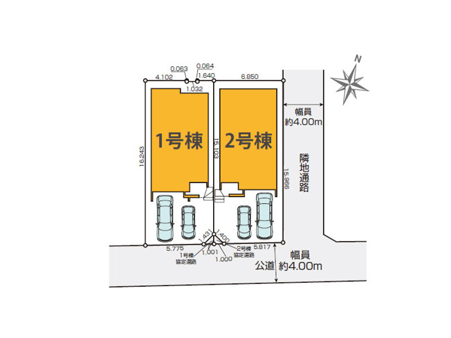 【区画図】 | 練馬区下石神井2丁目　新築一戸建住宅　全2棟　(保谷店) | 2号棟/南側4ｍ公道×東側4ｍ通路につき開放的！2台並列駐車できセカンドカーをお持ちの方にもおすすめです。(車種により異なります)※図面を基に作成しています。現況と異なる場合は現況を優先いたします。