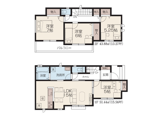 【間取り】 | 富士見市水谷東1丁目　新築一戸建住宅　全4棟　(丸井志木店) | 2部屋から行き来できるワイドバルコニー。
住宅性能表示制度において6項目でMAX等級取得。