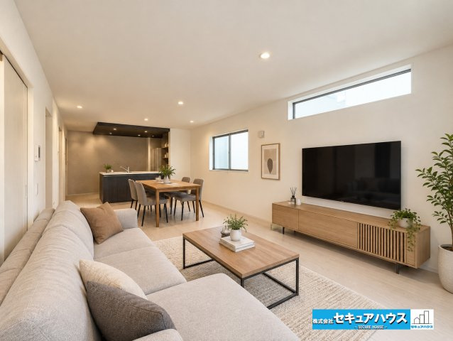 【本日ご案内可能】刈谷市泉田町北中浜　全4棟の居間・リビング|【LDKに家具を配置したイメージ図】
◆日当たりが良く温かい広々リビングは家族の団らんスペースになります。
◆広々としたリビングのためダイニングテーブルや大きなソファを配置することができます。　　　　