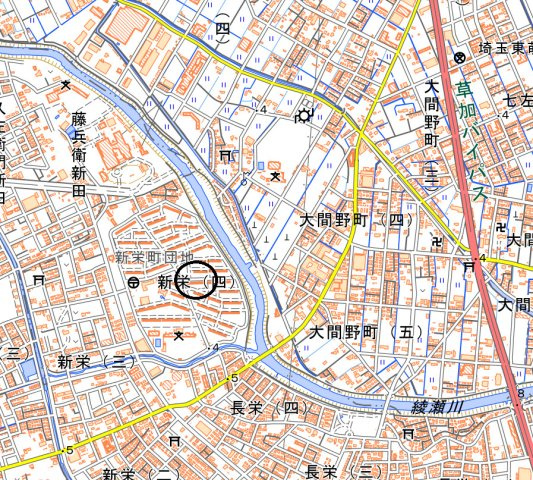 草加市新栄 区分の地図