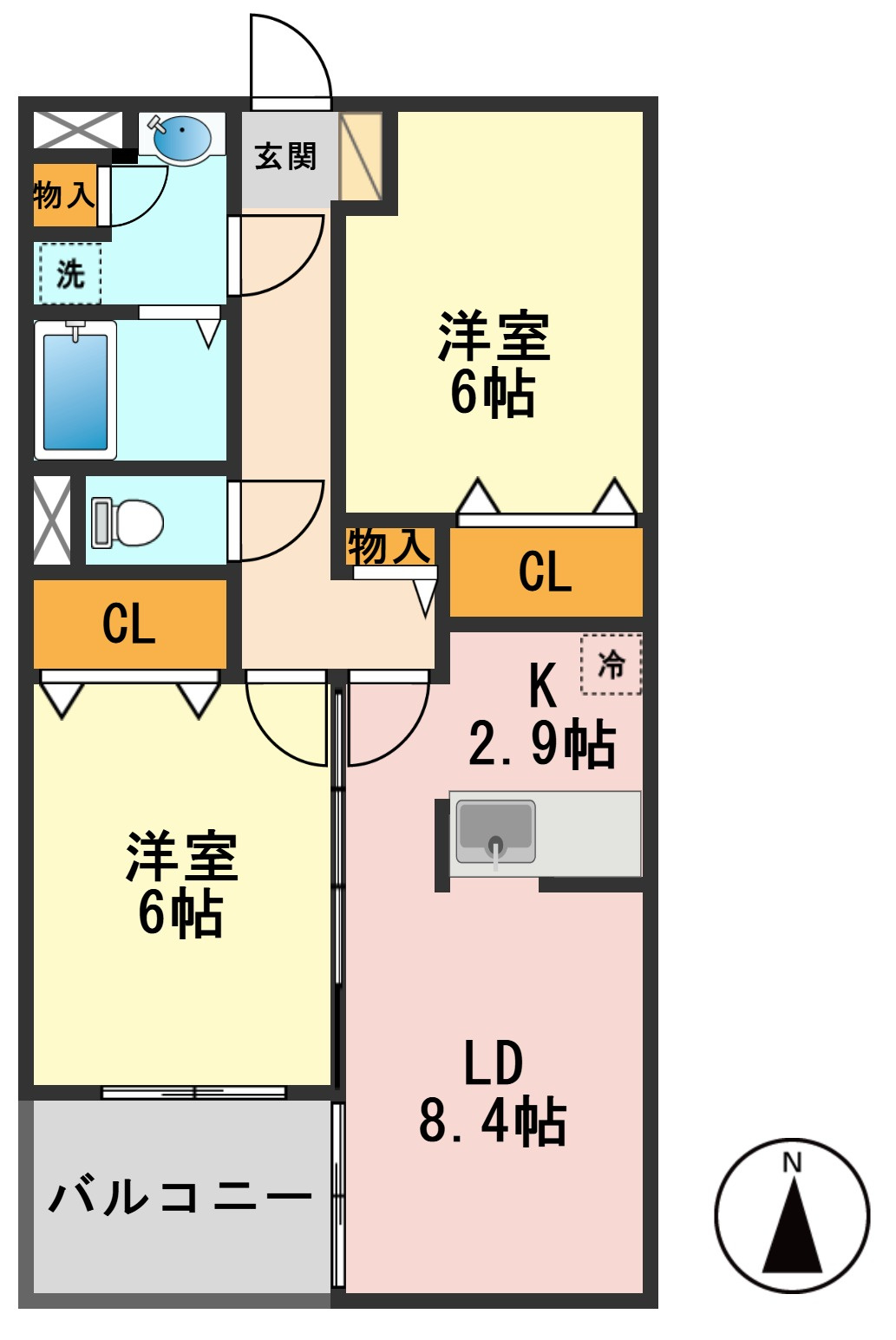 クレセールの間取り|５５平米２ＬＤＫ　南向き