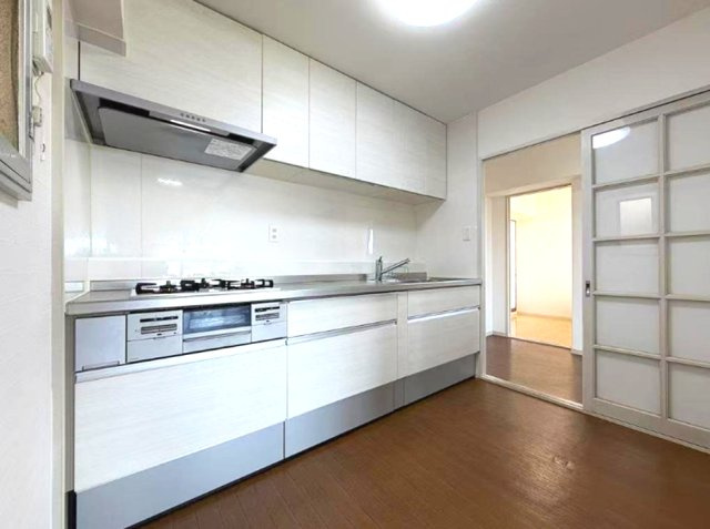 芦屋緑1住宅1号棟のキッチン|片引き戸でリビングからの視線も遮られ、生活感が出にくいシステムキッチン
