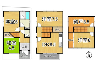 【間取り】 | 紫野東舟岡町 中古戸建 | 4SDKの3階建です。
