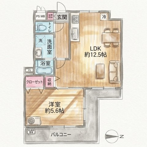 ライオンズマンション井土ヶ谷第5の間取り|1LDK、価格1899万円、専有面積44.00m2、バルコニー面積8.78m2  【LDK　12.5帖】 【洋室　5.6帖】