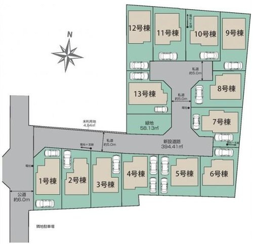 【Blooming Garden】西東京市花小金井田無芝久保　新規全13棟の区画図|１～２台分のカースペース完備！同じ時期に生活をスタートさせるご家族の多い分譲地は、困ったときも心強い♪