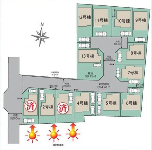 【Blooming Garden】西東京市花小金井田無芝久保　新規全13棟の区画図|１～２台分のカースペース完備！同じ時期に生活をスタートさせるご家族の多い分譲地は、困ったときも心強い♪