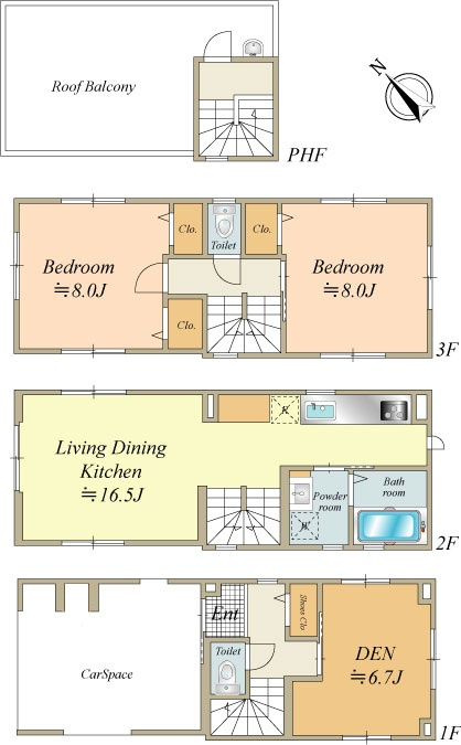 車庫付き新築一戸建　間取り2SLDK　屋上ルーフバルコニー、天窓有り