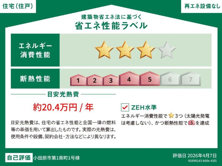 小田原市南町３丁目新築戸建て　第1-1号棟の省エネ性能ラベル