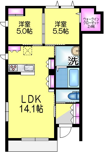 ユーグラシア　Ａの間取り|★南西角部屋３面窓★