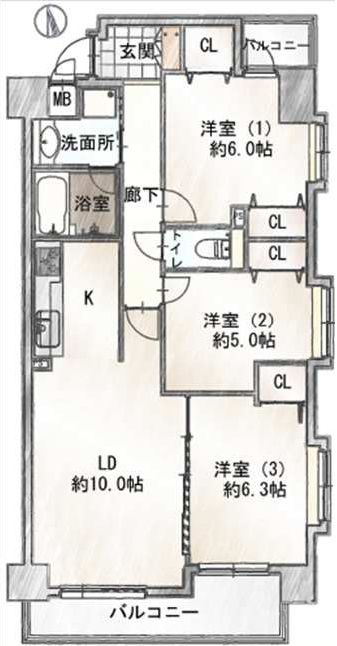 ダイアパレス八広花水木通りトリニティの間取り|南向き・3方角部屋・両面バルコニーにつき日当たり・通風・眺望良好。新規リノベーション施工が完了いたしましたのでいつでも内覧が可能です。安心のアフターサービス保証付きですのでご購入後も安心して暮らせます