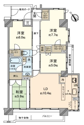 ジェイパレス小手指の間取り|10階建て4階部分、南西・南東角部屋、4LDKの間取りです。