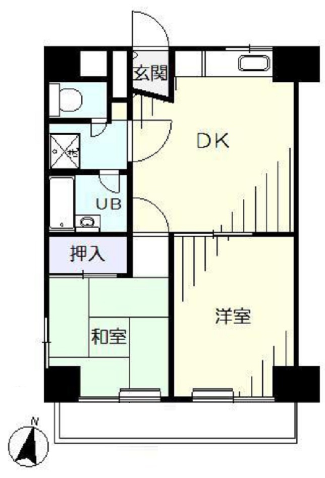 グリュック南大井の間取り|間取り　南向きバルコニー南東角部屋の2DKバストイレ別独立洗面台！