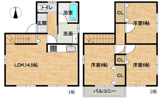 【間取り】 | 東広島市八本松町原【リフォーム済】【3LDK】【中古戸建】【52坪】 | 2026年1月内装リフォーム完了。14.5帖のLDKと2階に洋室3部屋を配した3LDKです。角地で南向きのため陽当り良好。並列2台分のカーポート付き駐車場も完備した、全室6帖以上のゆとりある住まい。