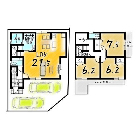 滝ノ町２丁目　建築条件無し土地の土地図＋建物プラン例