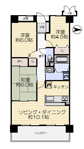 サーパス城東の間取り|中古マンション　3LDK　専有面積：64.00㎡（壁芯）　バルコニー面積：9.43㎡　東向き
